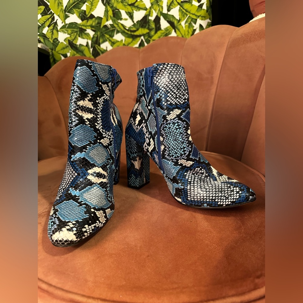 Anika Block Heel Bootie, blue snake print. US size 9